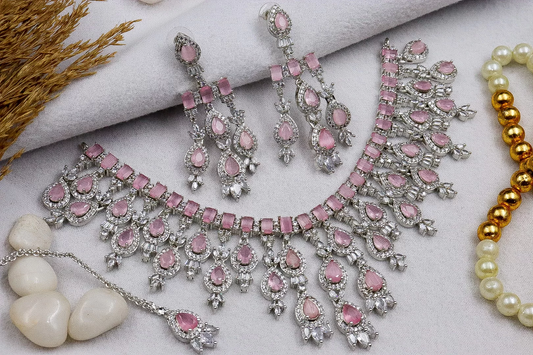 AD Premium Pink Kiara with Maangtika Necklace set