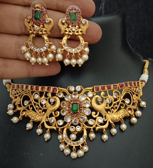 Veshakart Premium Handcrafted Matt Finish Ruby Emerald CZ Pearls Copper Choker Jewellery Set