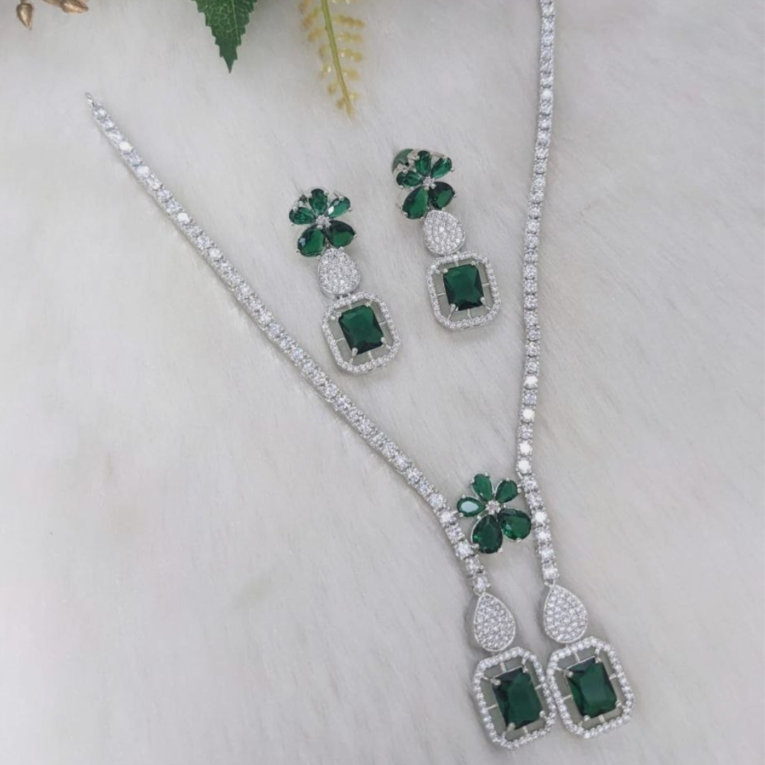 Veshakart Handcrafted Silver Plated Green AD Necklace Set