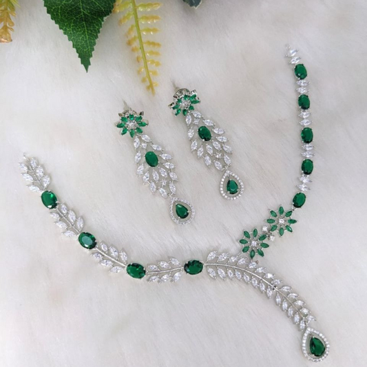 Veshakart Handcrafted Silver Plated Green AD Necklace Set