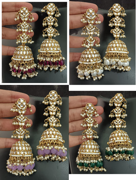 Veshakart Premium Quality Pachi Kundan Precious Pearls Long Jhumki Earrings Set