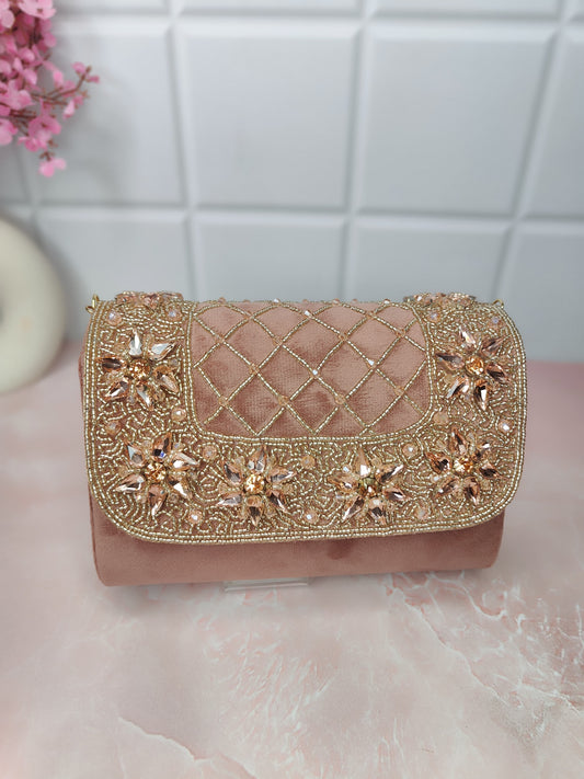 Veshakart Handmade Luxurious crystals stone seude fabric clutch bag