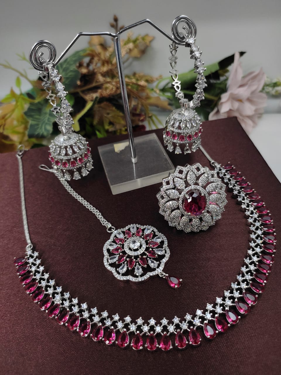 Veshakart Premium Handcrafted American Diamond Necklace Set with jhumki and tika with adjustable ring