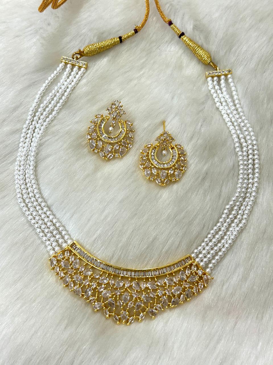 Veshakart Handcrafted American Diamond & Pearl Necklace