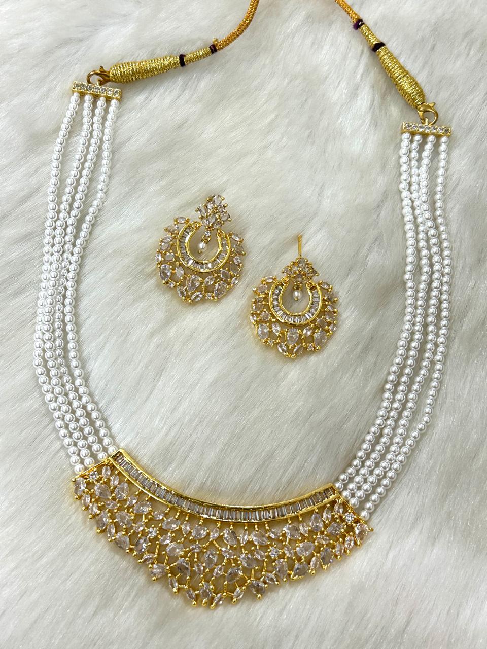 Veshakart Handcrafted American Diamond & Pearl Necklace