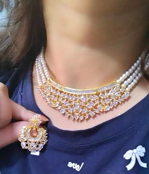 Veshakart Handcrafted American Diamond & Pearl Necklace