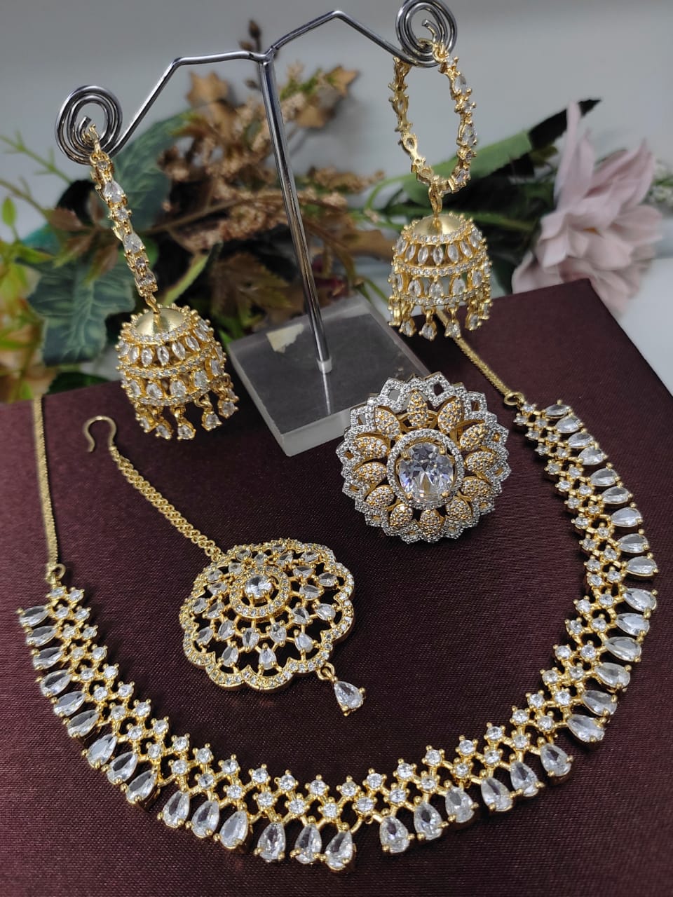 Veshakart Premium Handcrafted American Diamond Necklace Set with jhumki and tika with adjustable ring