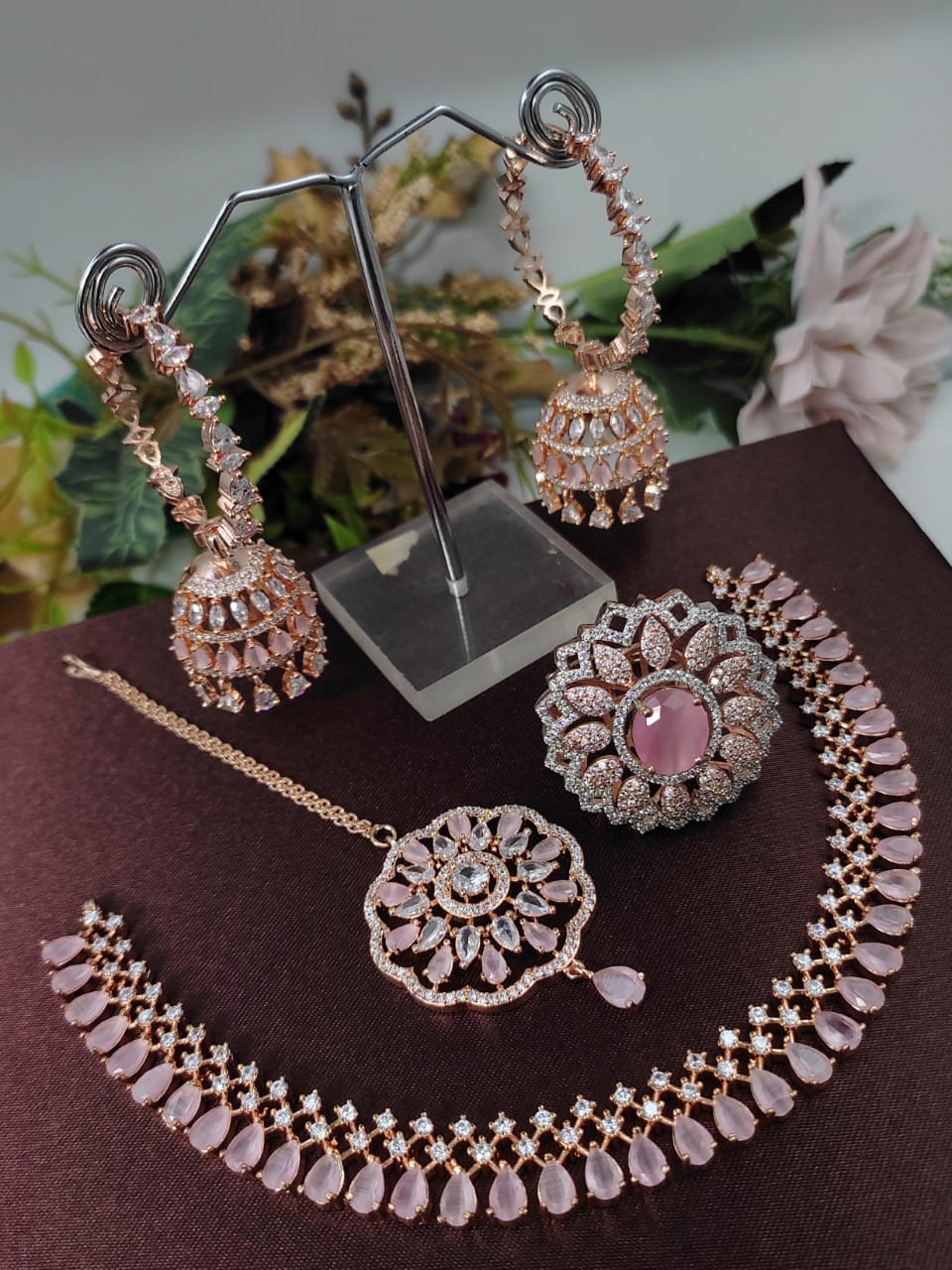 Veshakart Premium Handcrafted American Diamond Necklace Set with jhumki and tika with adjustable ring