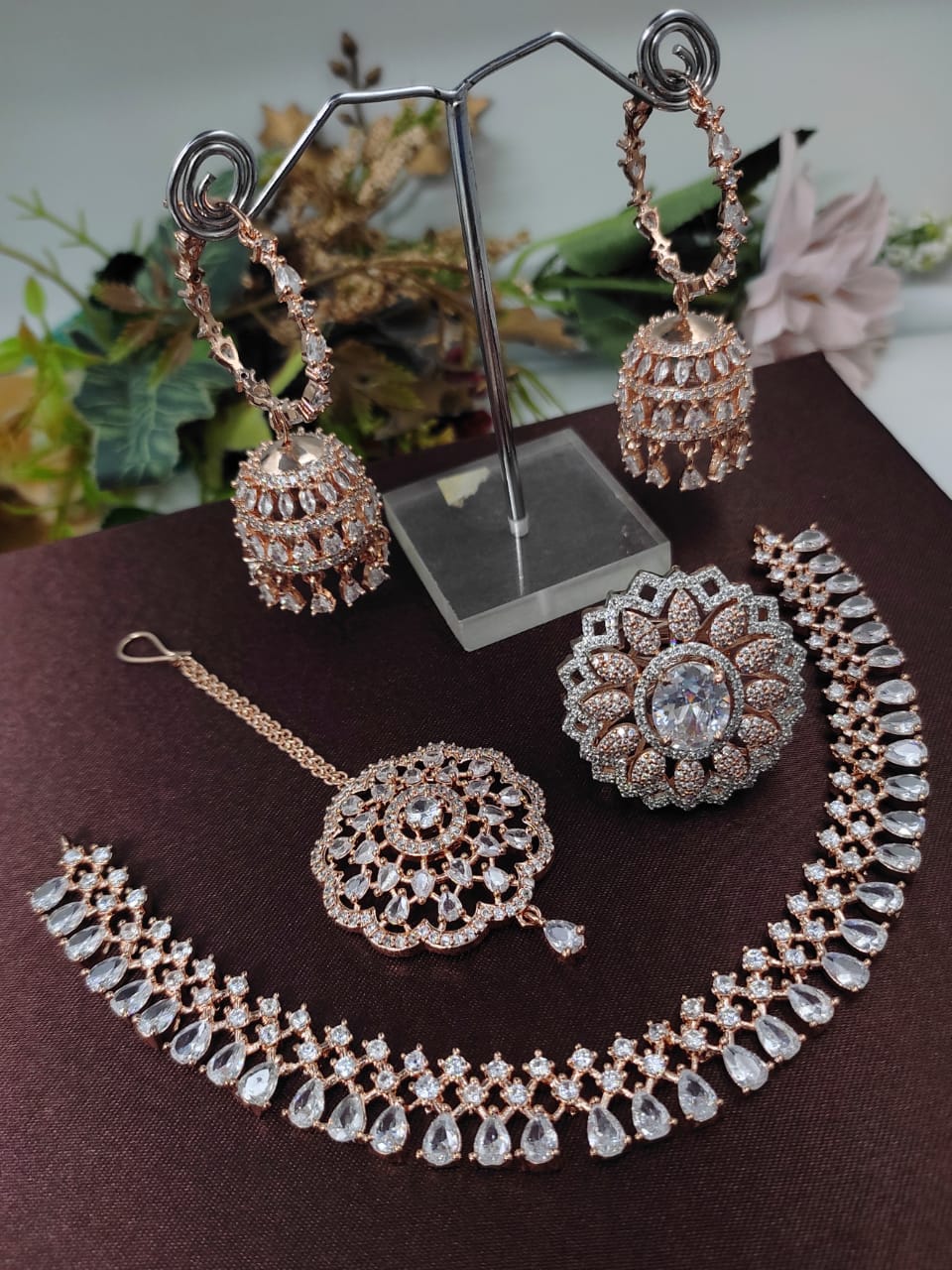 Veshakart Premium Handcrafted American Diamond Necklace Set with jhumki and tika with adjustable ring