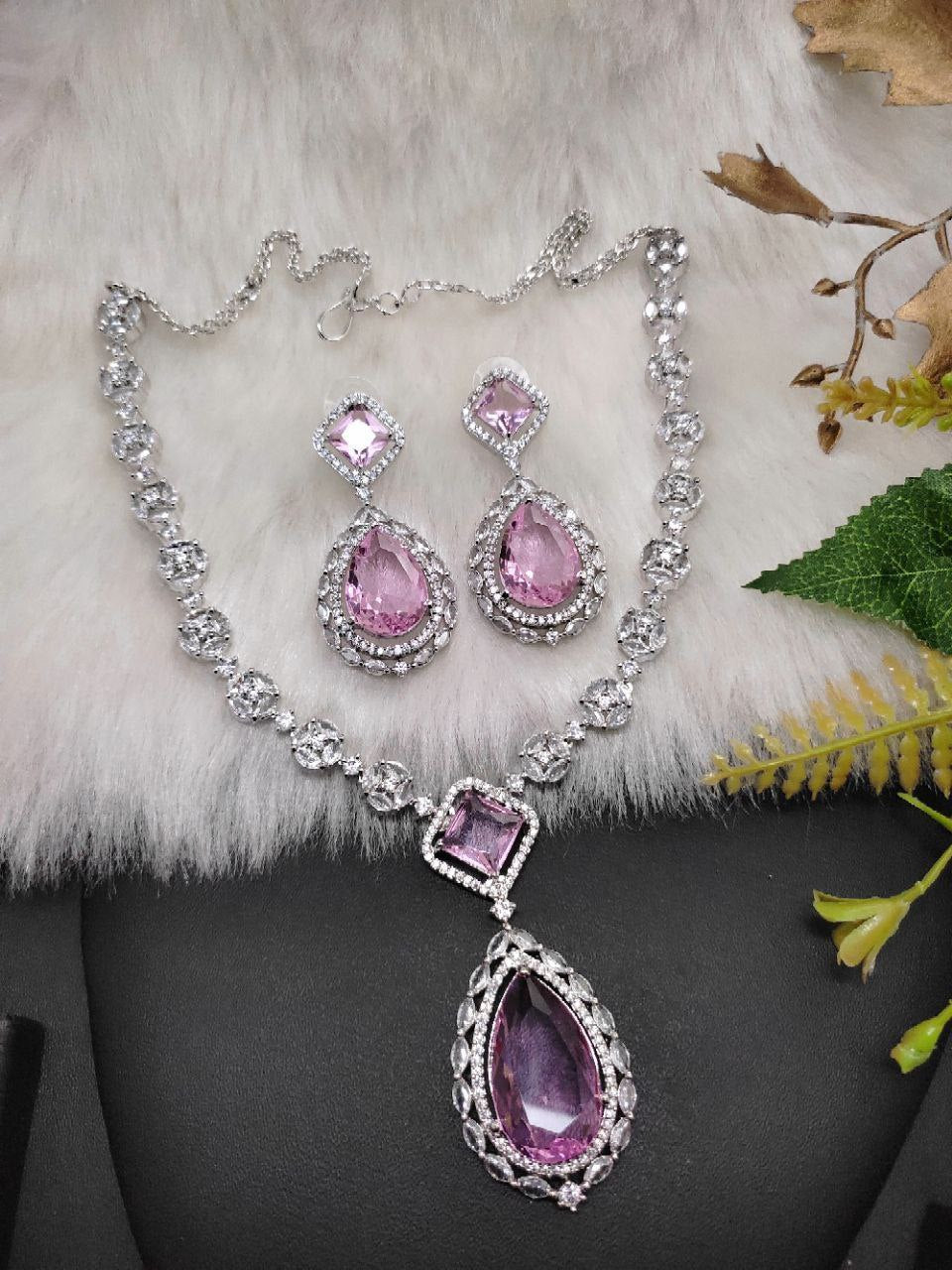 Veshakart Handcrafted Pink AD Necklace Set